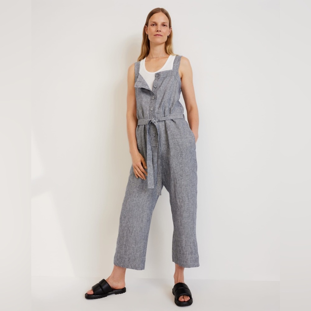 Everlane the Linen Jumpsuit in tan navy pinstripes women’s 8